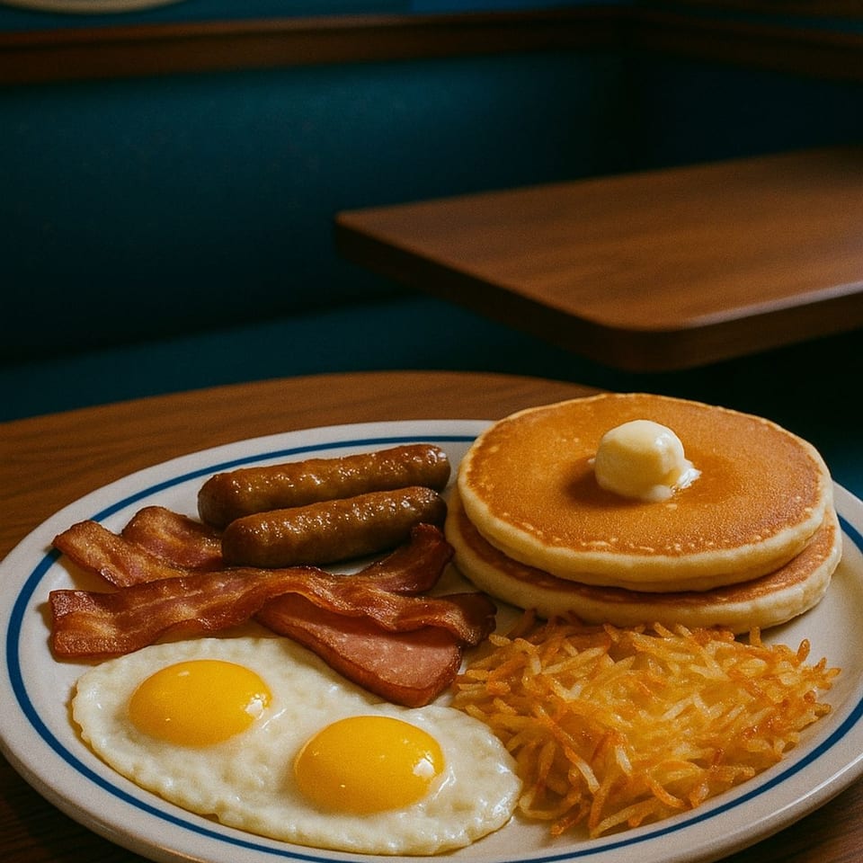 IHOP breakfast with pancakes, bacon, sausage, fried eggs, and hash browns on a plate.