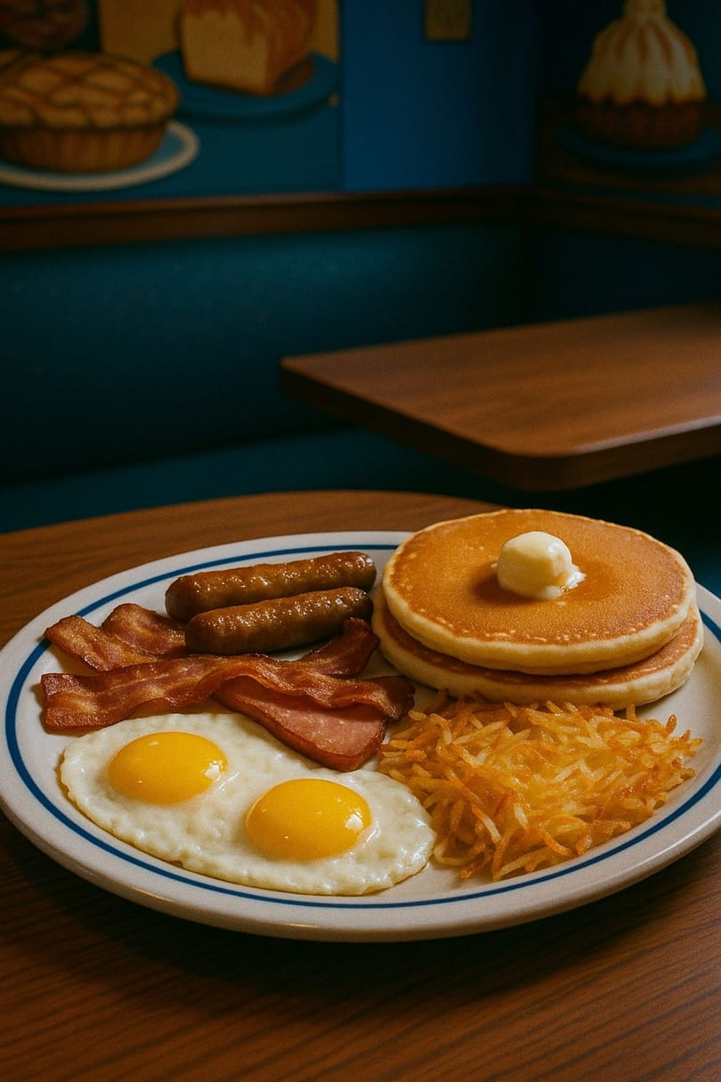 IHOP breakfast with pancakes, bacon, sausage, fried eggs, and hash browns on a plate.