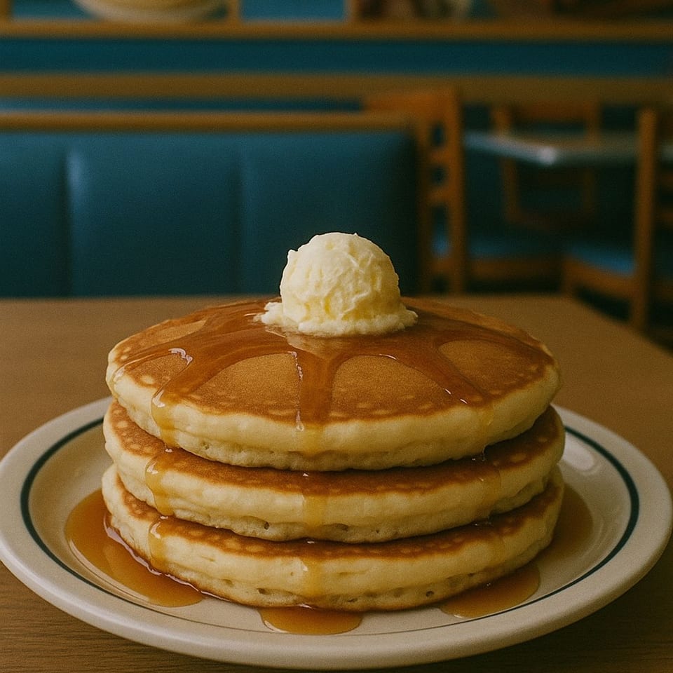 Stack of IHOP pancakes with butter and syrup on a white plate in a diner setting.