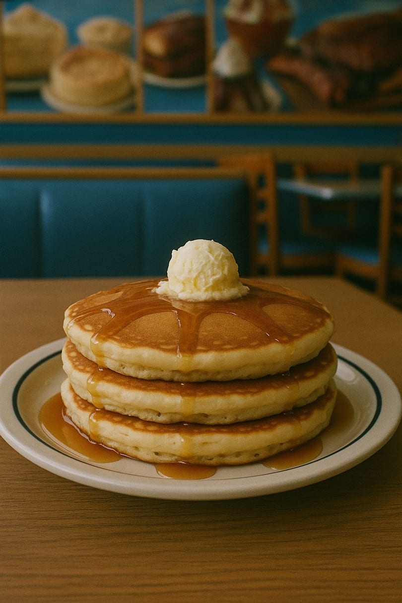 Stack of IHOP pancakes with butter and syrup on a white plate in a diner setting.