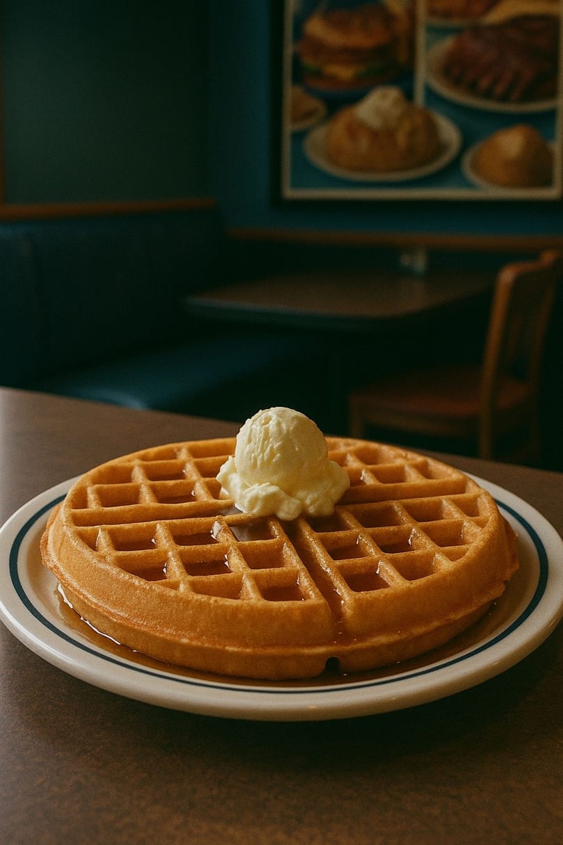 Golden IHOP waffle with butter and syrup on a plate, with restaurant interior in background.